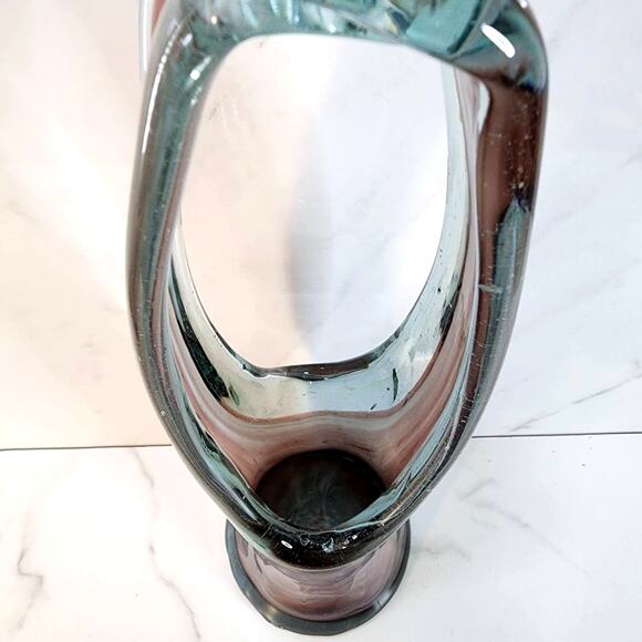 Vintage Hand-Blown Art Glass Basket Vase Swirl Purple Gray Stretched Handle - Picture 5 of 10
